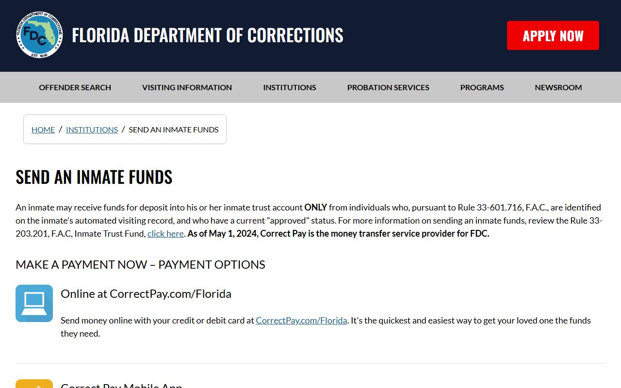 FDC CorrectPay funds page for sending money to a Lancaster Correctional Institution inmate in Gilchrist County