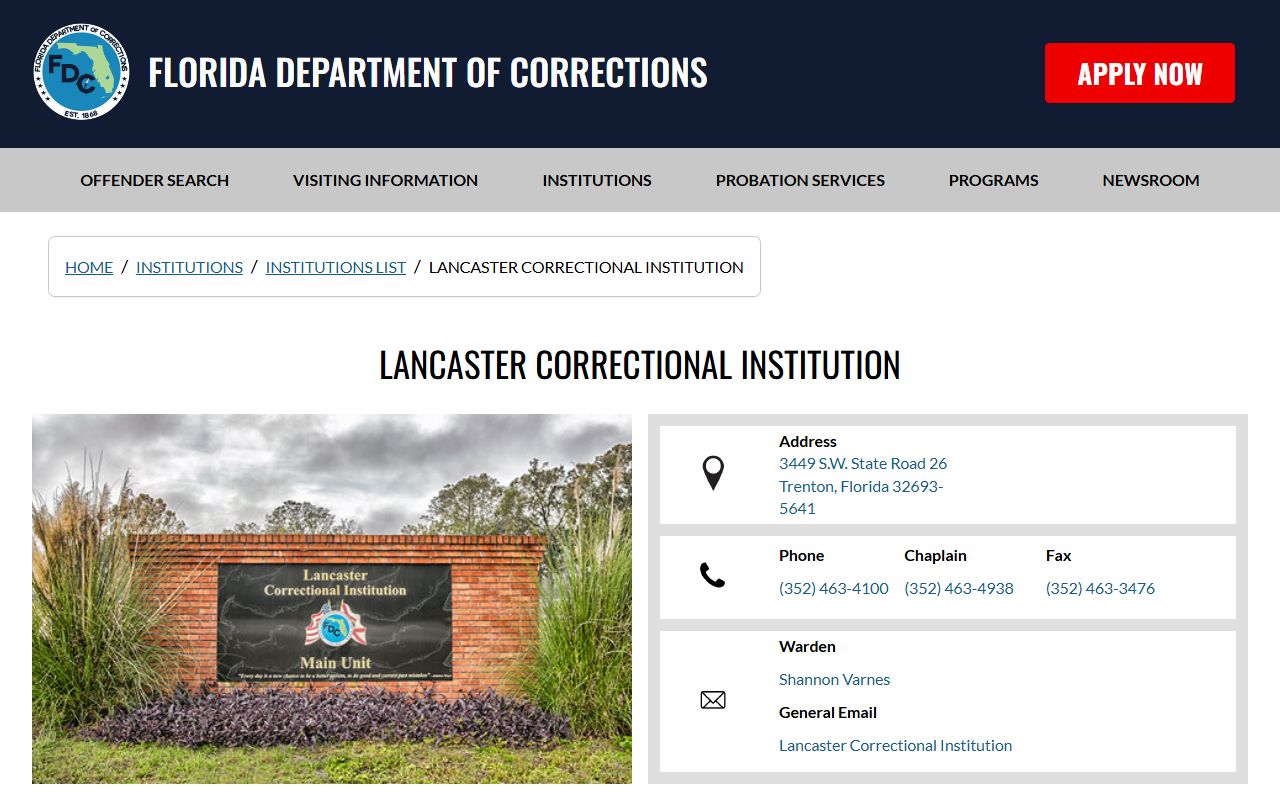 FDC Lancaster Correctional Institution facility profile for Gilchrist County inmate population lookup