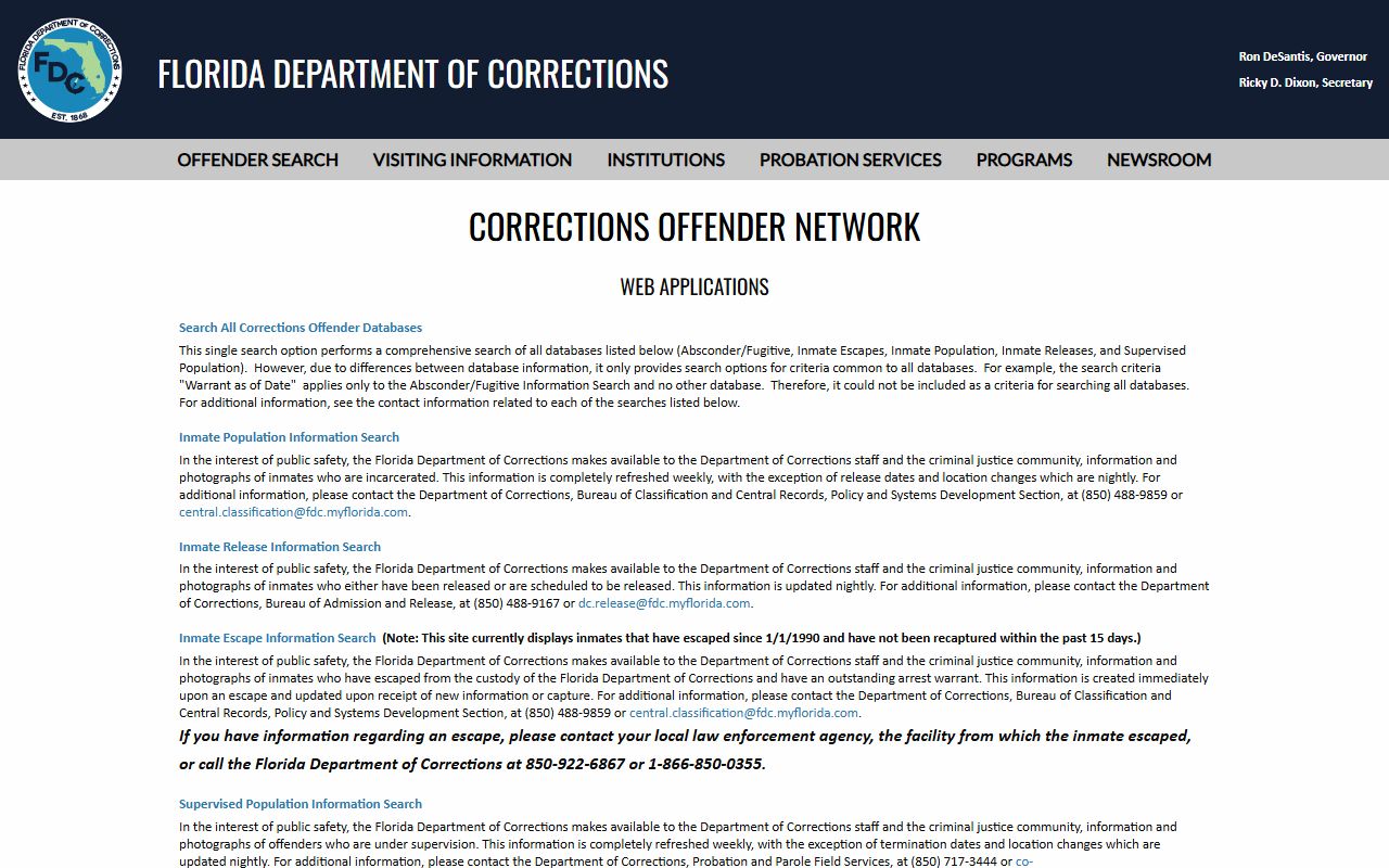 Florida DOC offender search menu used to look up Lancaster Work Camp inmate records in Gilchrist County