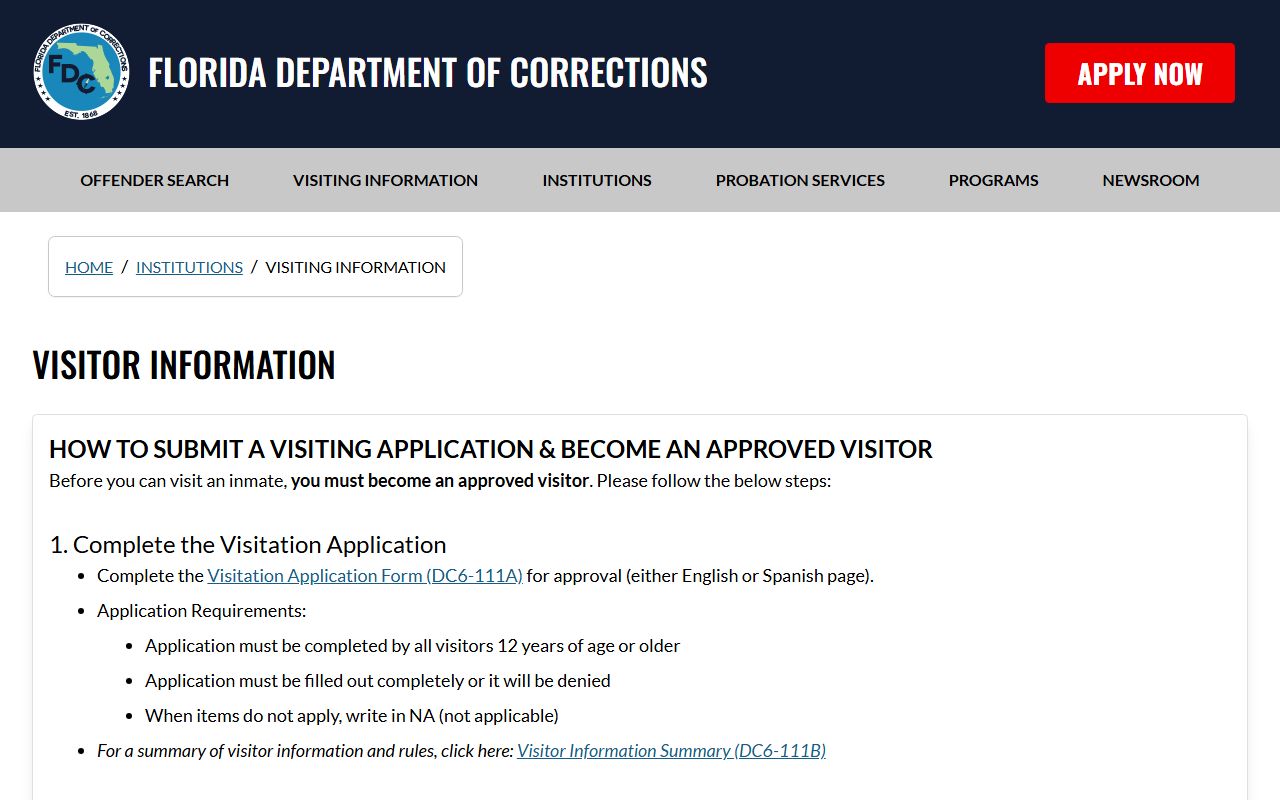 Florida state prison visitation approval steps for Lancaster Correctional Institution in Gilchrist County