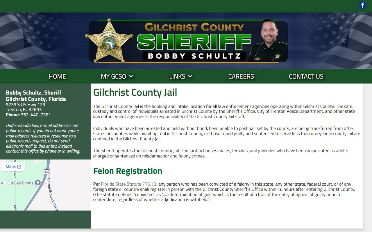 Gilchrist County official jail overview page describing booking, intake, and inmate custody