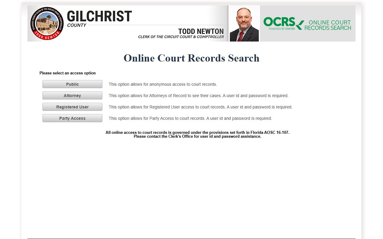 Gilchrist County Civitek OCRS access choice screen for court records after an arrest
