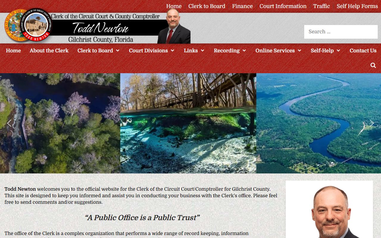 Gilchrist County clerk homepage with online court records access for arrest case lookups